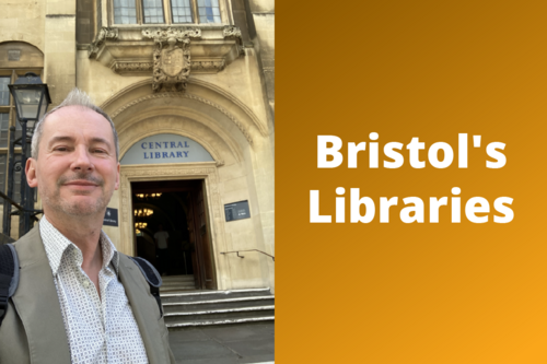 Cllr Stephen Williams in front of Central Library, text saying Bristol's Libraries